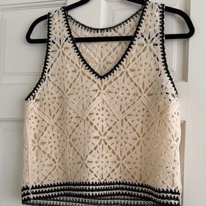 Crochet V‑Neck Tank Top in Cream with Black Trim s
